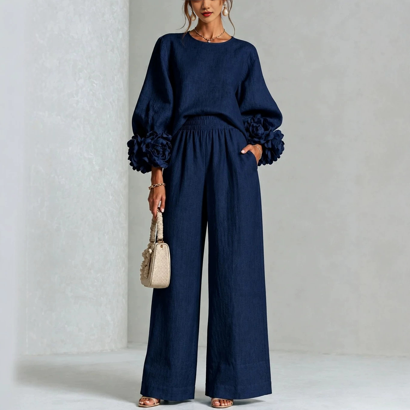 Women's Two-Piece Set with 3D Floral Crewneck Top and Wide-Leg Pants