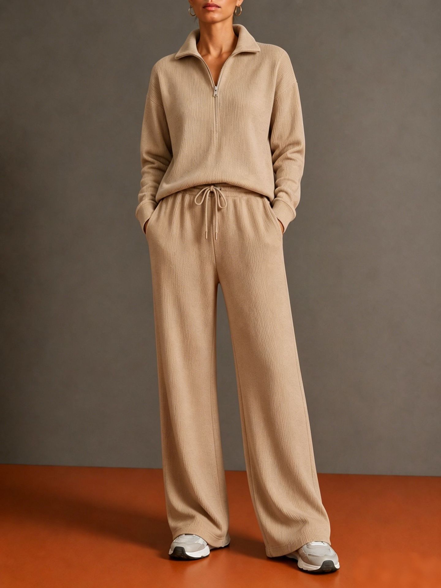 2026 New Amazon Autumn/Winter Women's Tracksuit Half-Turtleneck Zip Hoodie Wide-Leg Pants Set