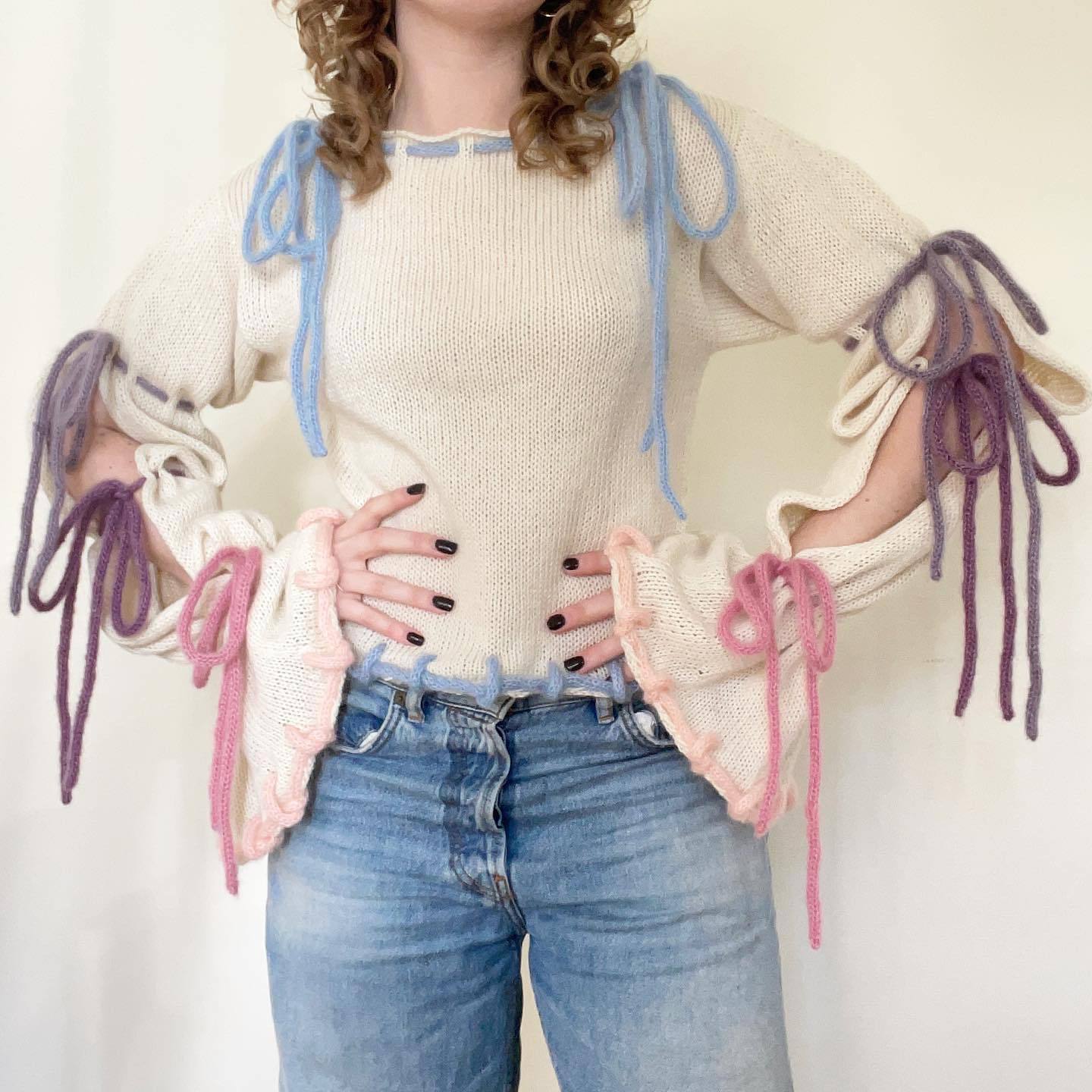 Colorblock Lace-Up Sweater with Bell Sleeves