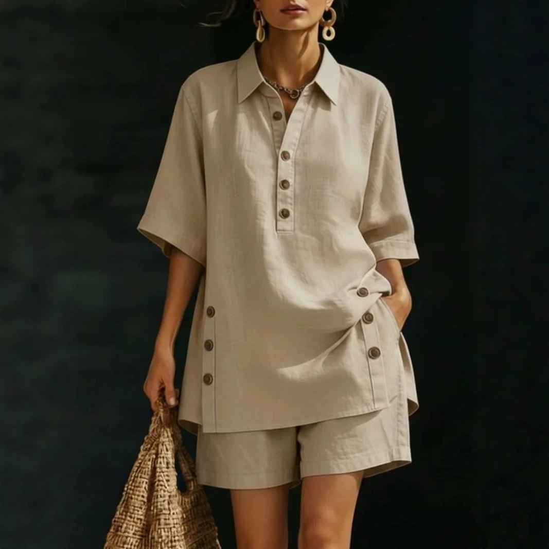 Women's Summer Solid Color Button-Down Shirt and Shorts Set Casual Loose Two-Piece