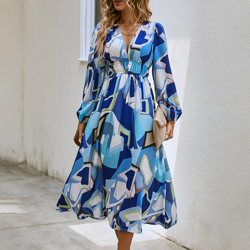 Bohemian Deep V-Neck Floral High-Waist Long-Sleeve Midi Dress