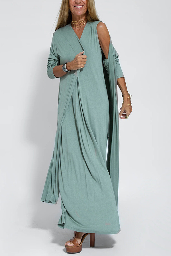 Solid V-Neck Sleeveless Dress and Cardigan Set