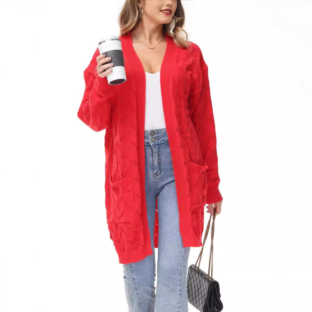Loose Knit Cardigan Red Mid-Length Soft Elegant Outerwear