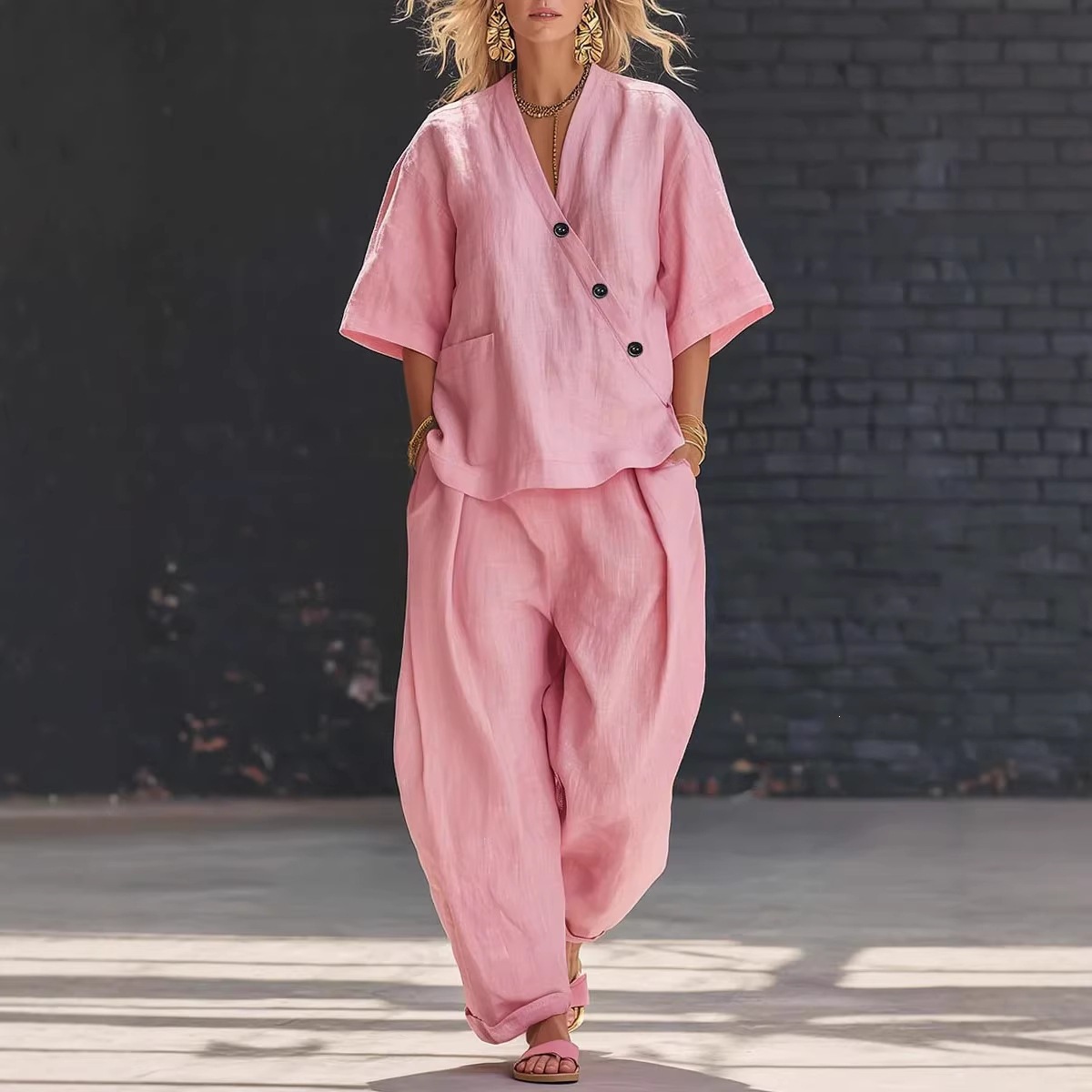Women's Solid V-Neck Loose Short-Sleeve Top and Pants Set