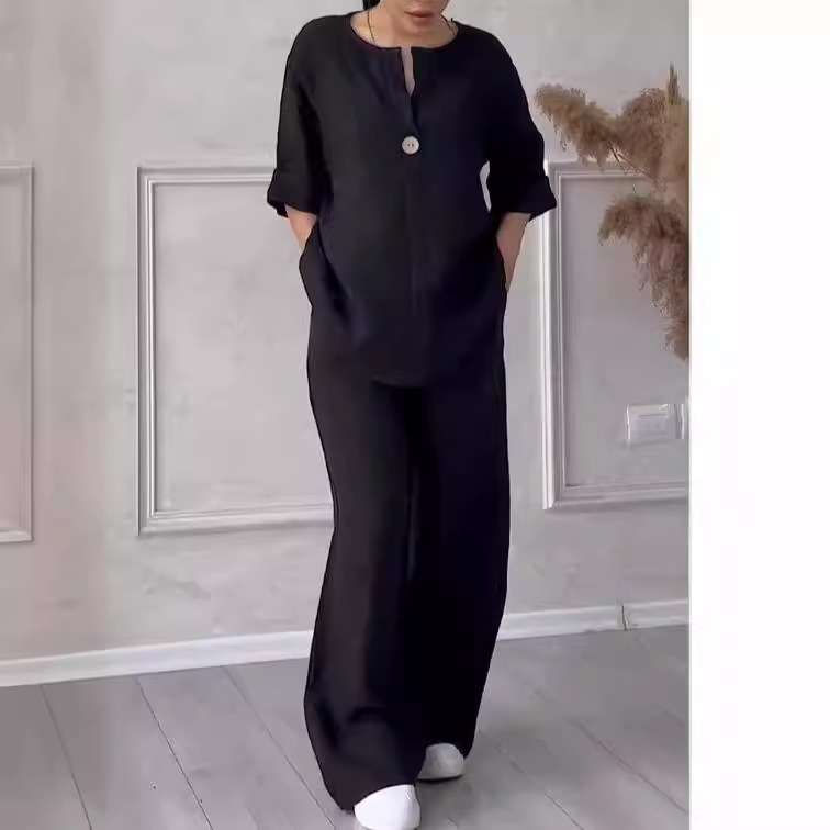 Women's Solid Color Cotton-Linen Casual Pant Set Long Sleeve
