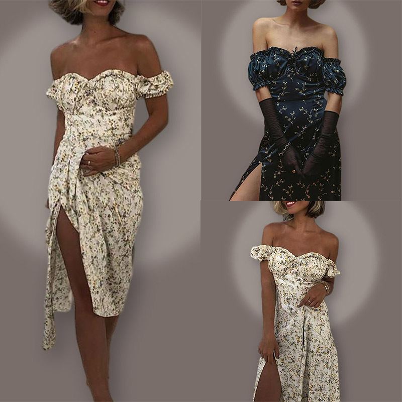 Elegant Floral Off-Shoulder Bodycon Dress with Slit