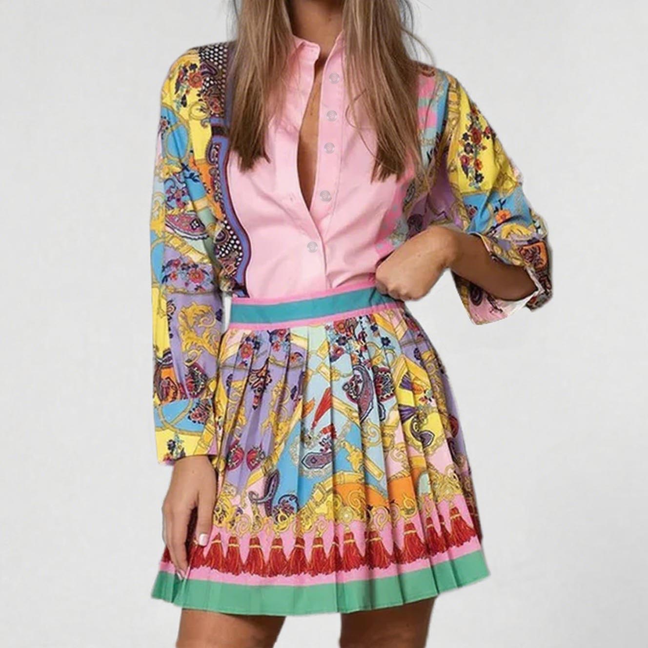 Women's Printed Long-Sleeve Shirt and Pleated Skirt Two-Piece Set