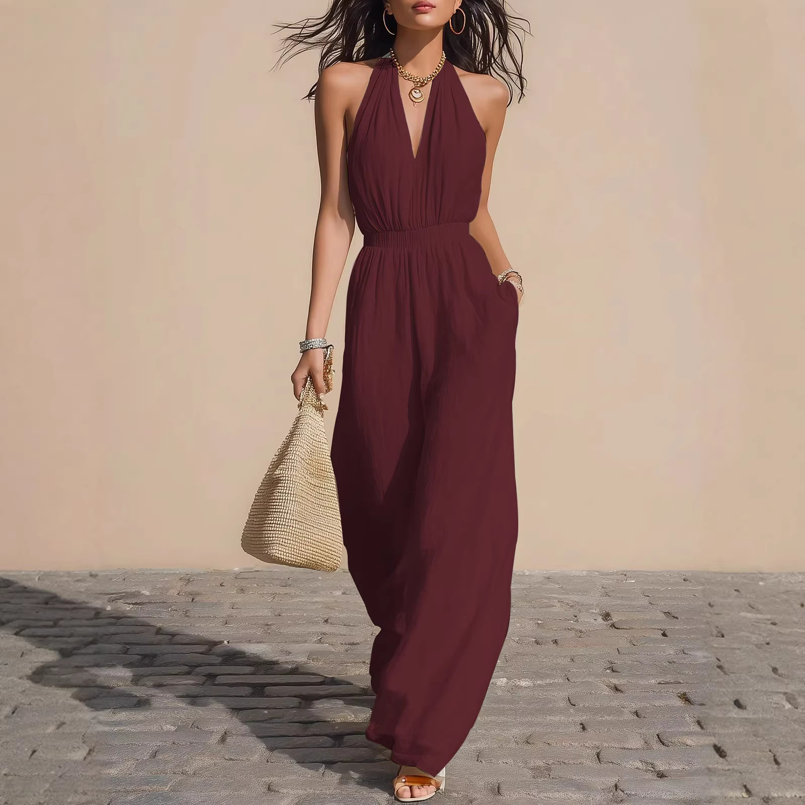 Women's Halter V-Neck Wide-Leg Jumpsuit Solid Color Commuter Set