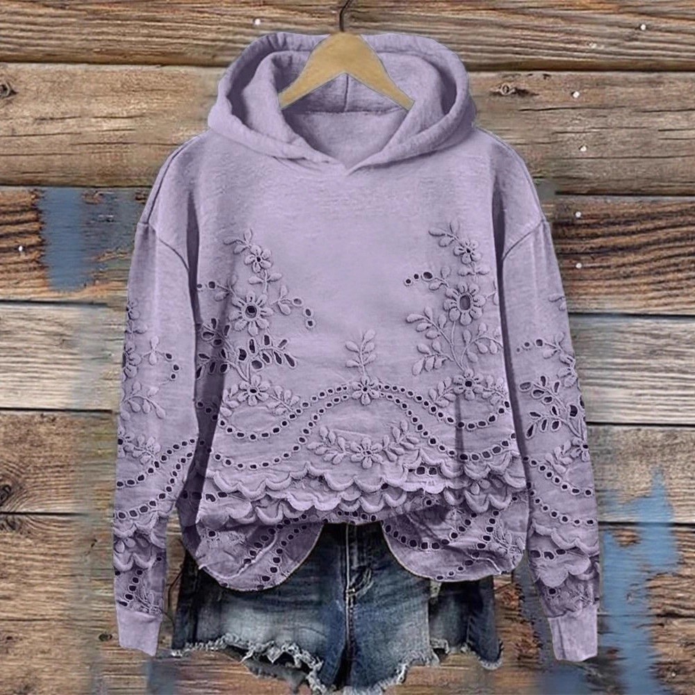 Women's Floral Print Hooded Sweatshirt Solid Color Pullover