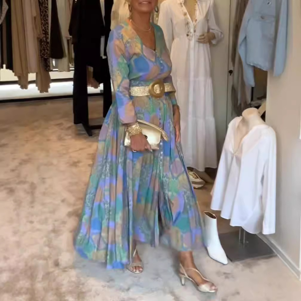 Floral Print V-Neck Long Sleeve Belted Maxi Dress
