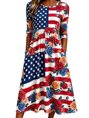 Women's Star Print Pleated Midi Dress Short Sleeve Crew Neck Slim Fit