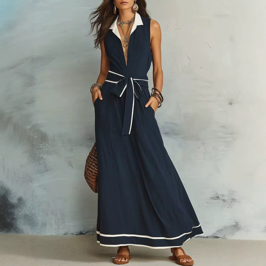 Sleeveless V-Neck White Trim Tie-Waist A-Line Dress