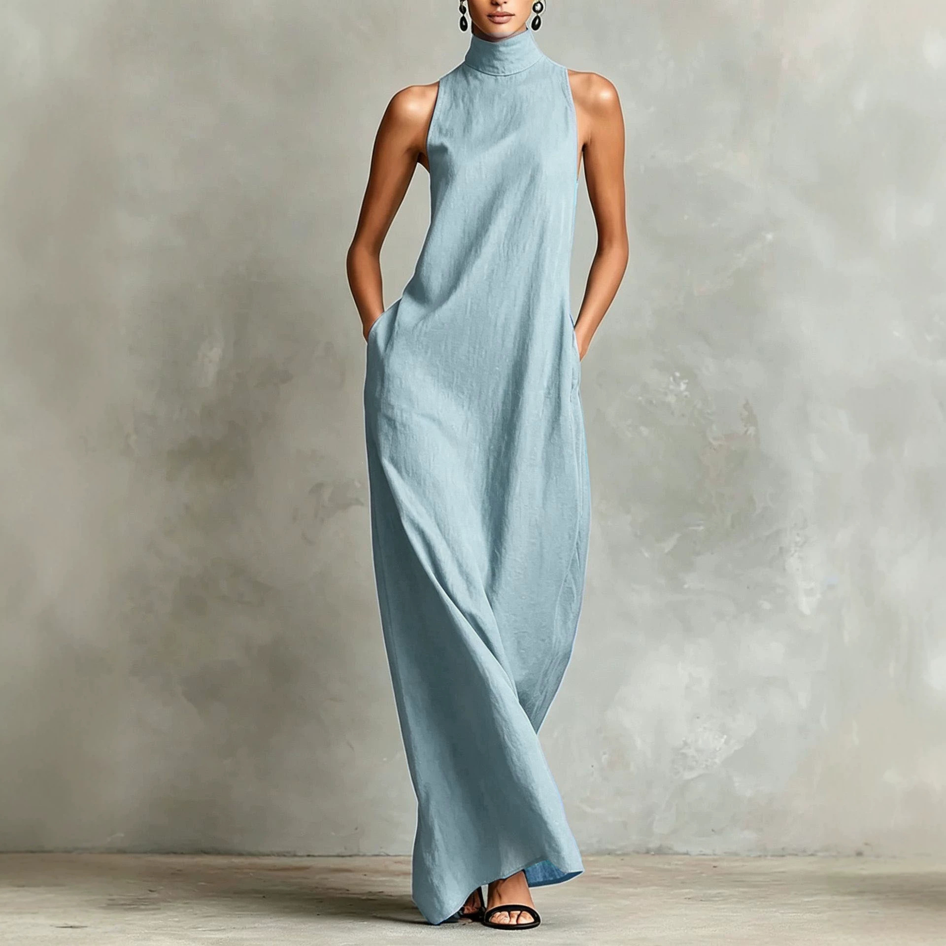High Neck Sleeveless Long Dress Loose Casual Minimalist