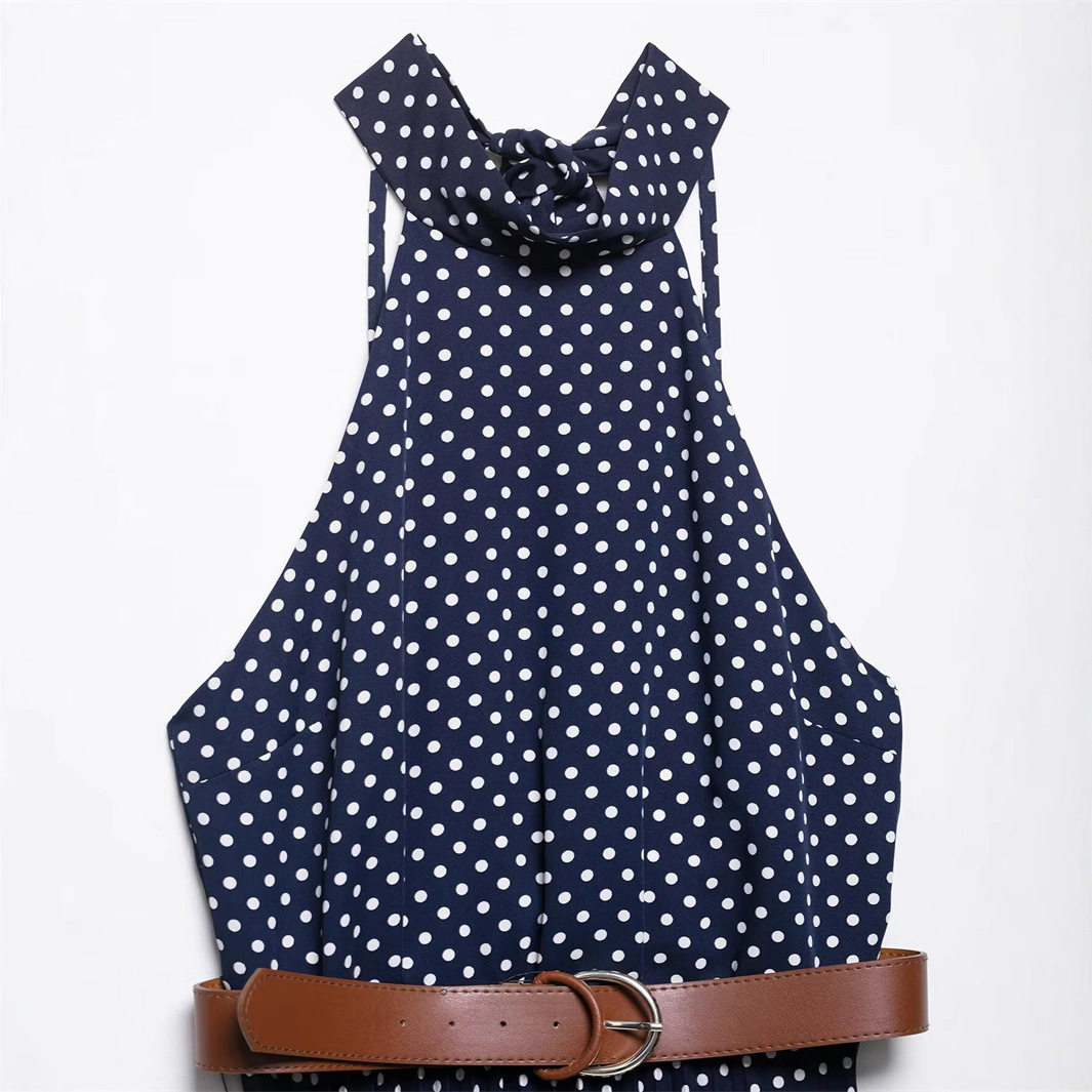 Polka Dot Halter Neck Dress with Belt