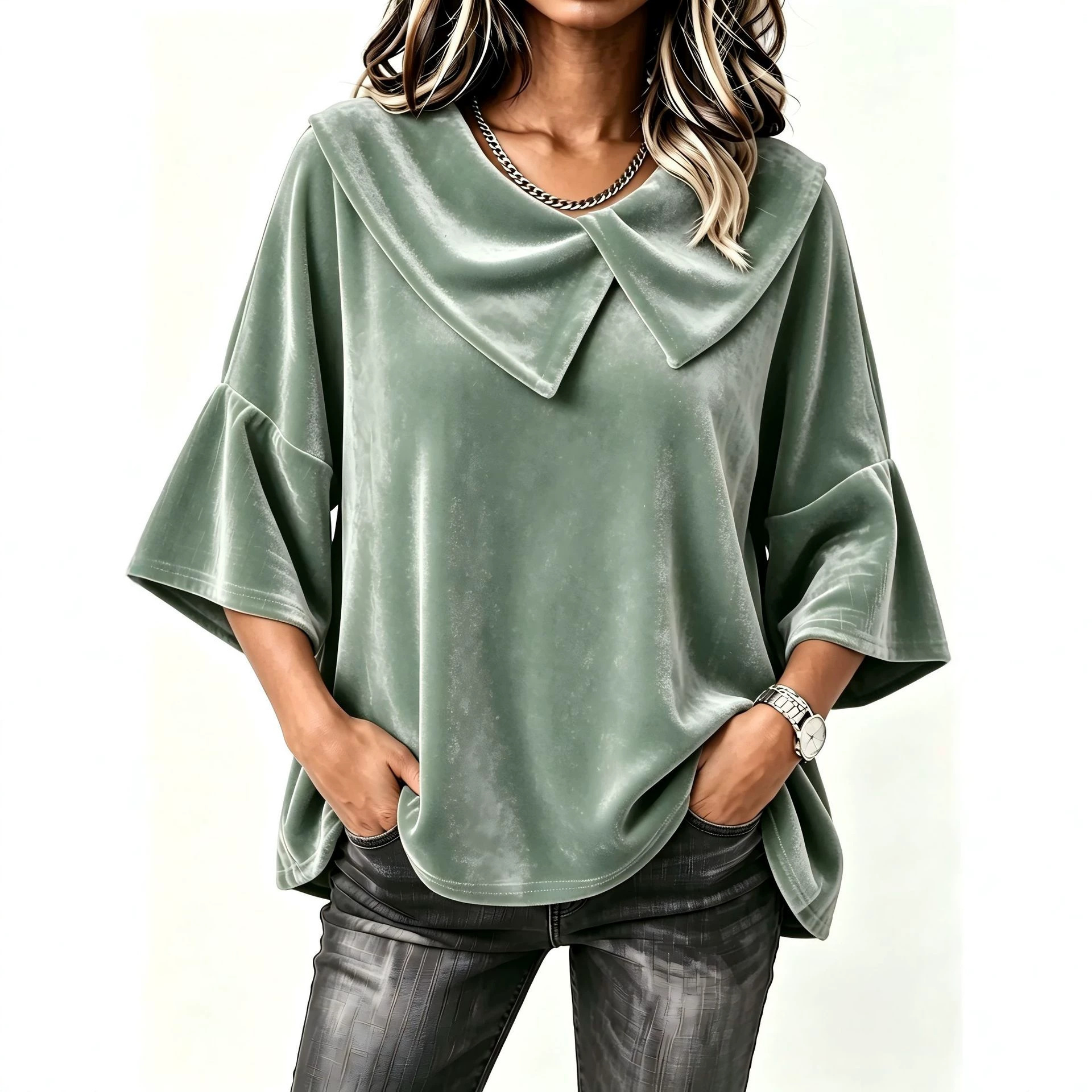 Retro Asymmetric Patchwork Big Lapel Bell Sleeve Loose Velvet Top