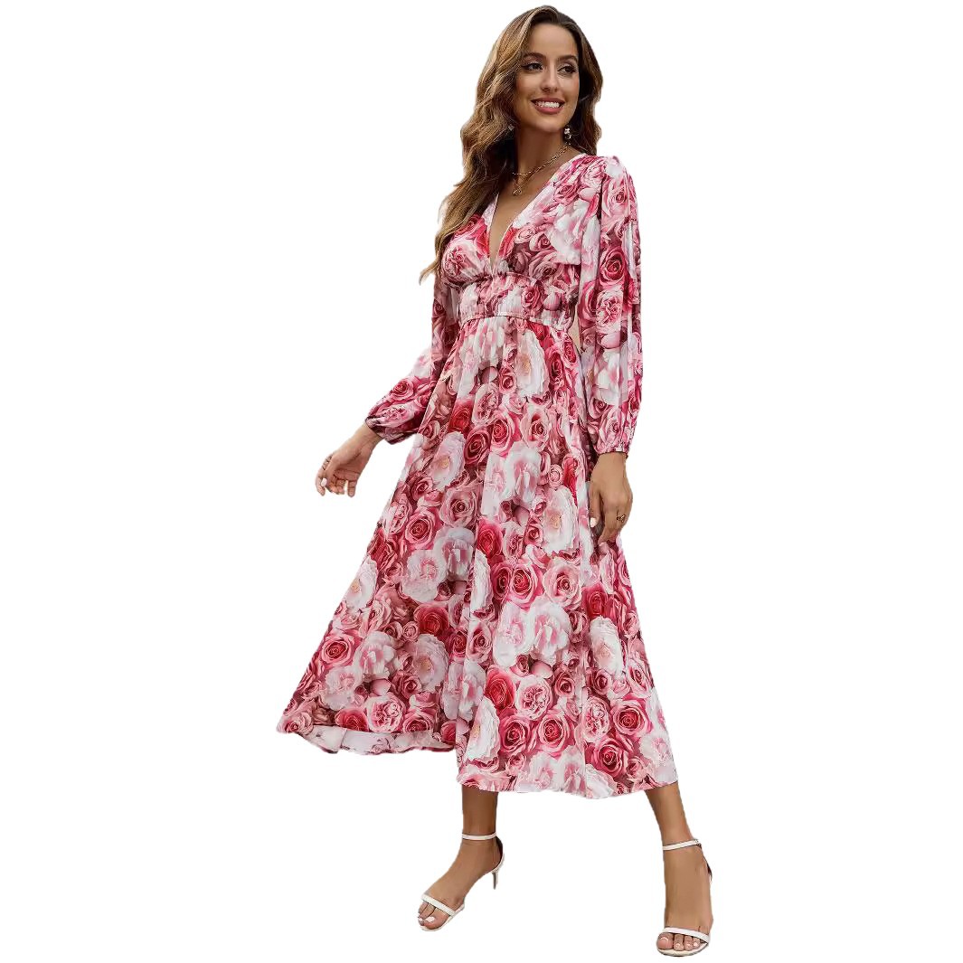 Women's Digital Print Deep V Corset Lantern Sleeve Long Dress