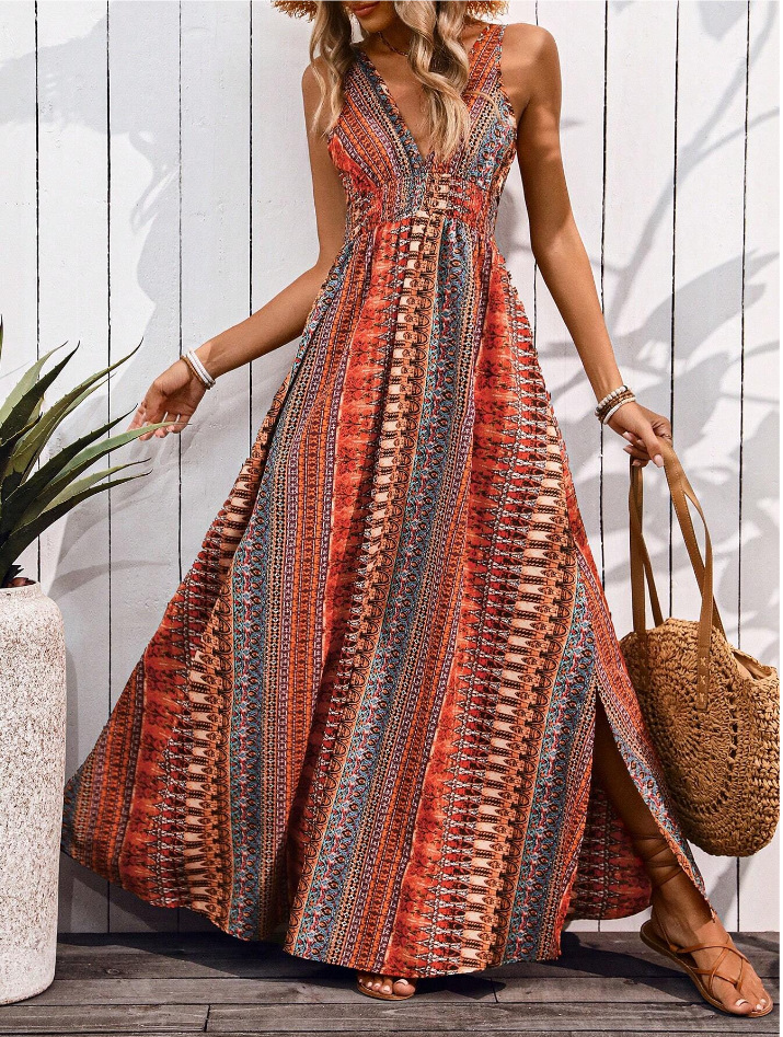 Women's Deep V-Neck Floral Print Sleeveless High-Waist Maxi Dress