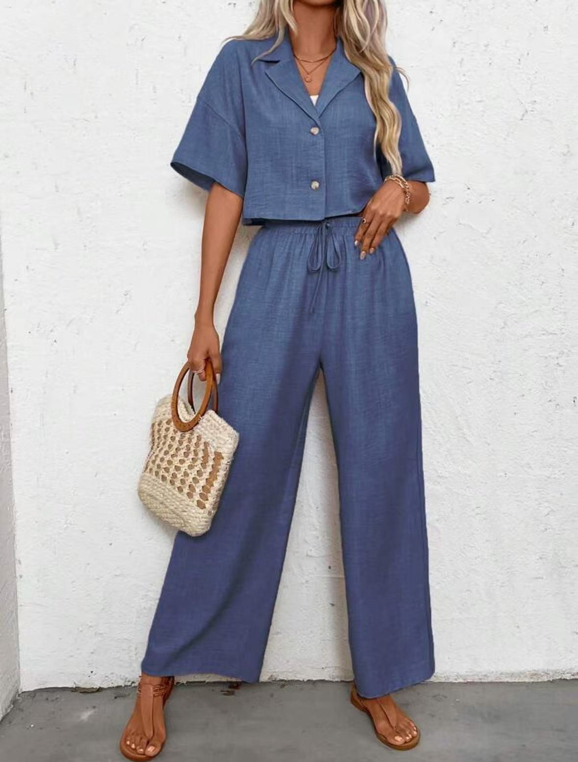Women's Casual Wide-Leg Two-Piece Set Solid Color