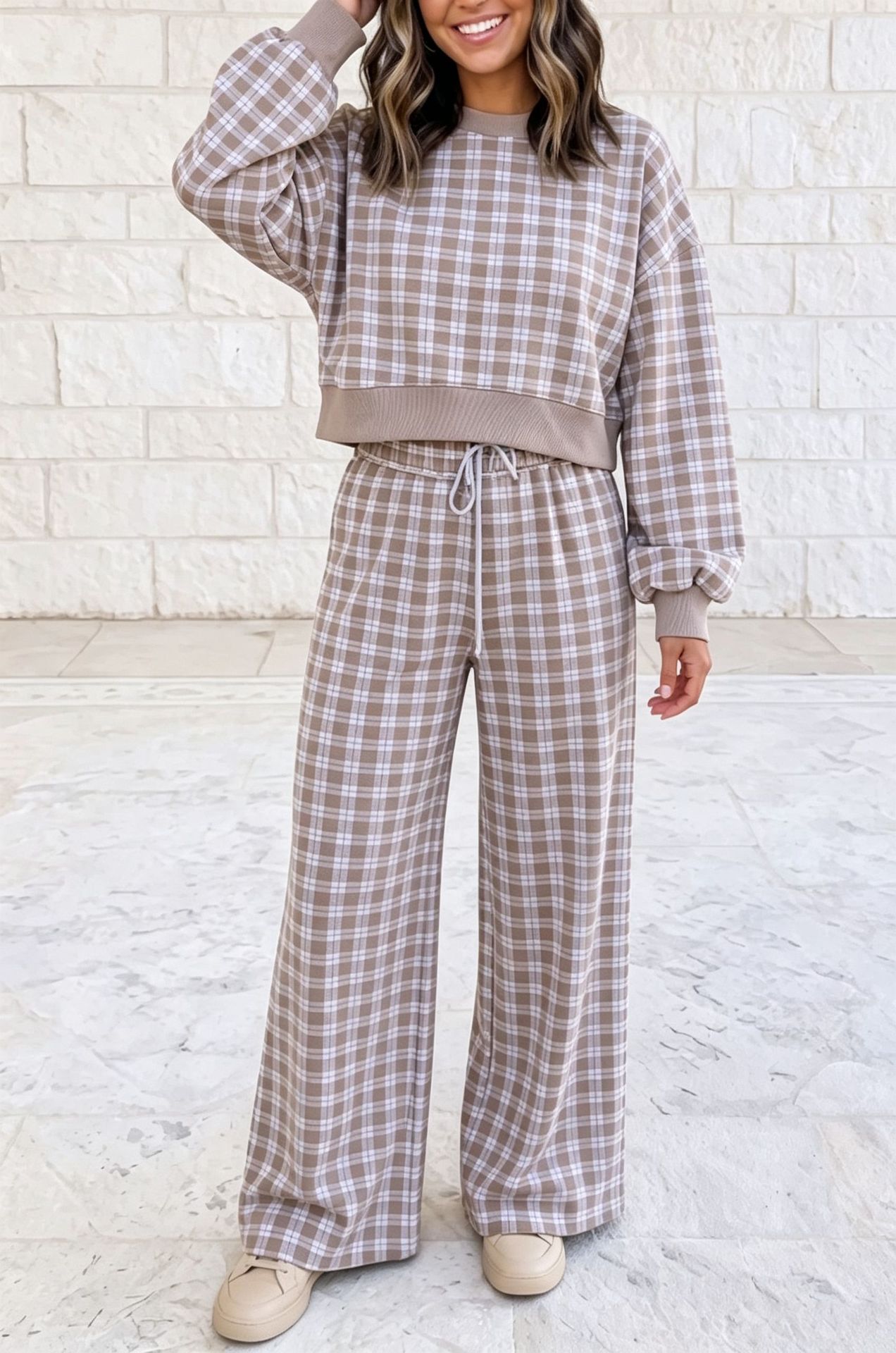 High-Waist Plaid Print Wide-Leg Two-Piece Pants Set