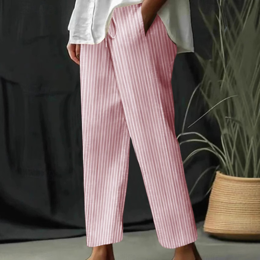 Striped & Solid Cotton-Linen Loose Casual Pants