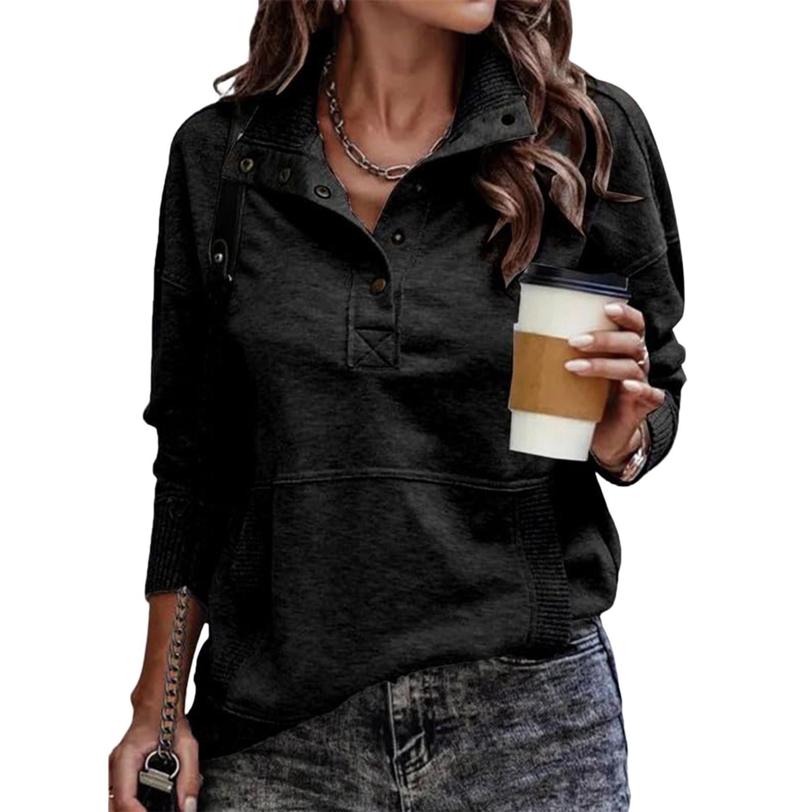 Women's Long Sleeve Stand Collar Button Pullover Sweatshirt