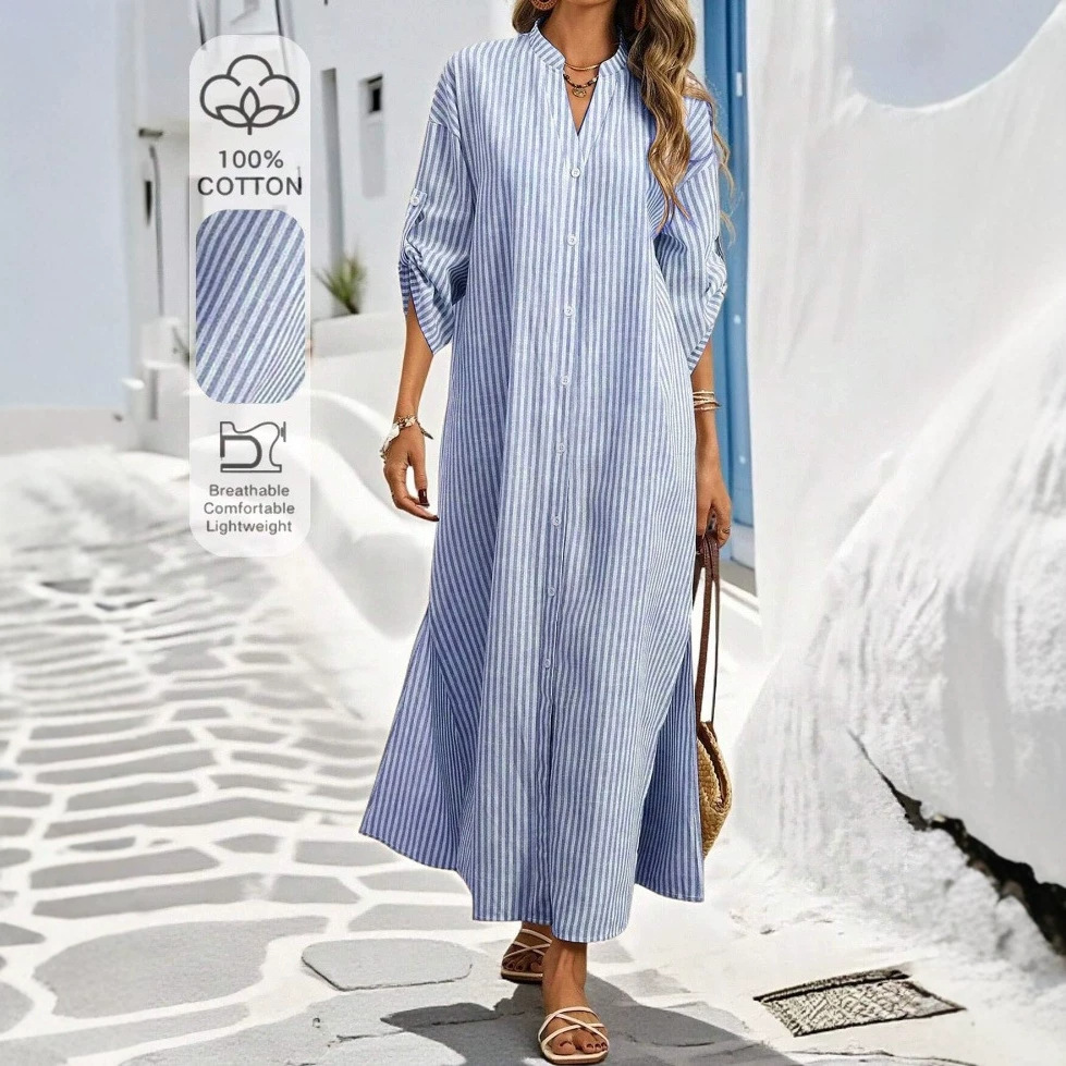 Striped Button-Front Midi Shirt Dress