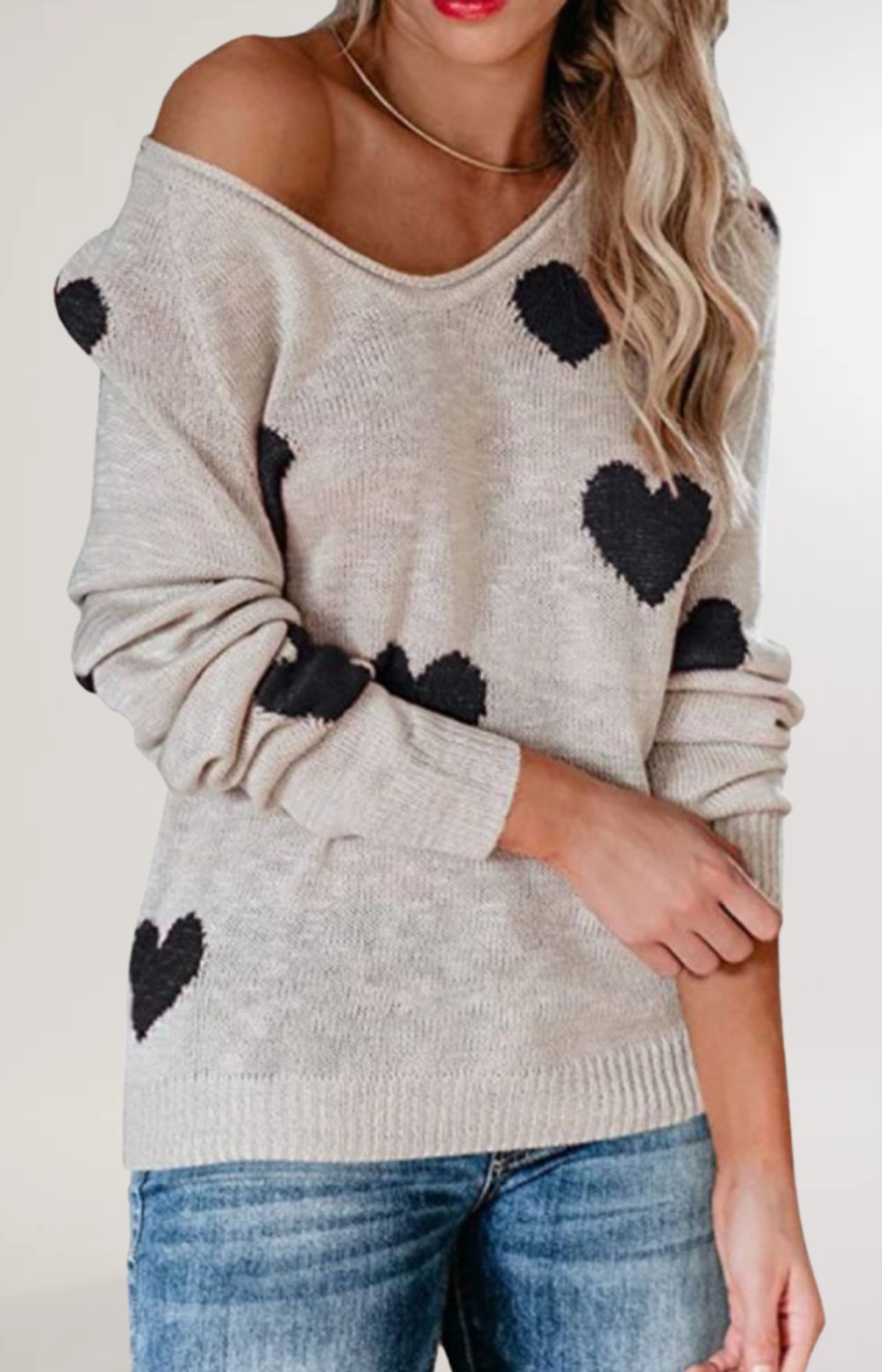 Women's Loose Heart V-Neck Knit Sweater