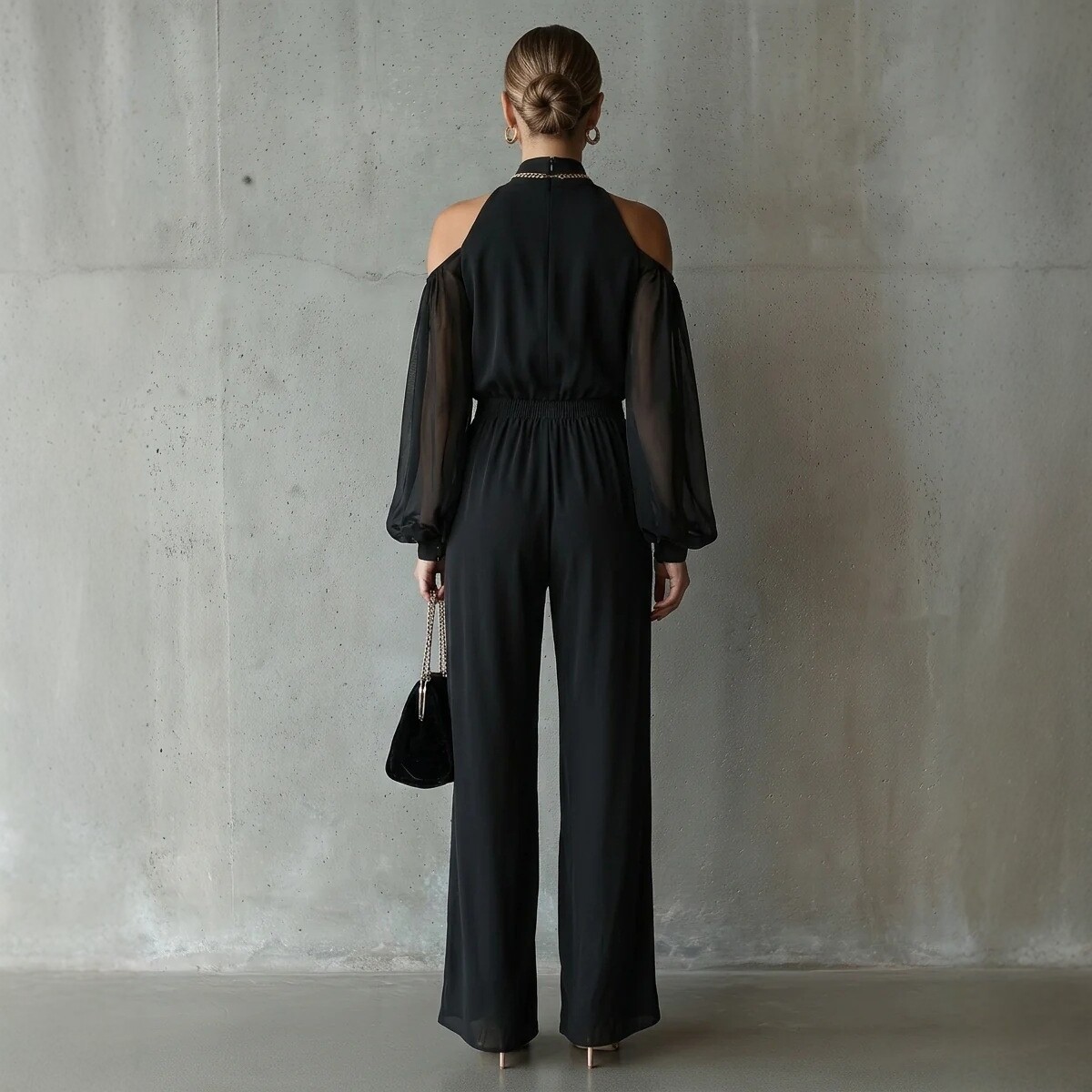 Black Embroidered Cold-Shoulder Wide-Leg Jumpsuit with Lantern Sleeves