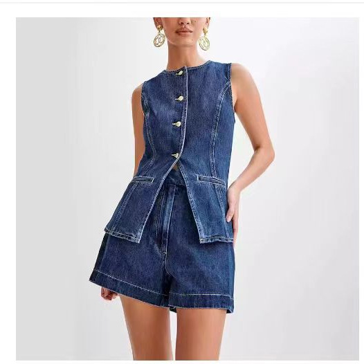 Sleeveless High-Waist Denim Shorts Set