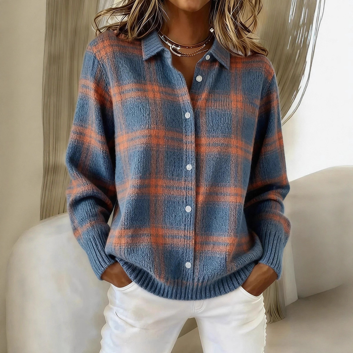 Women's Striped Color-Block Knit Cardigan with Lapel Collar