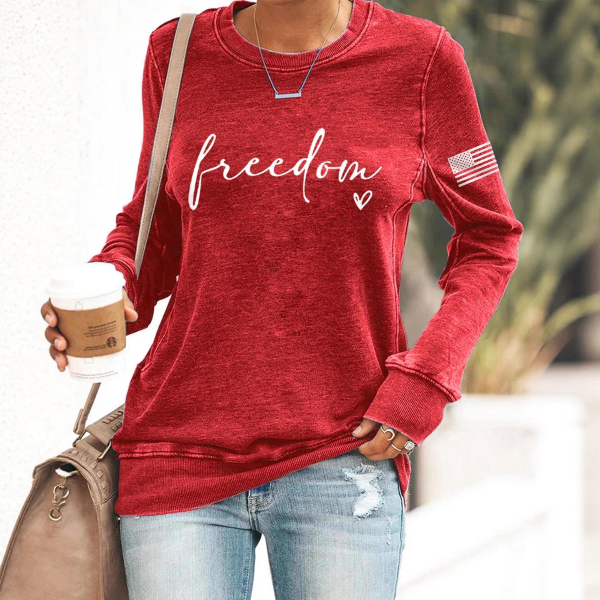 Women's Line Letter Heart Print Crewneck Sweatshirt