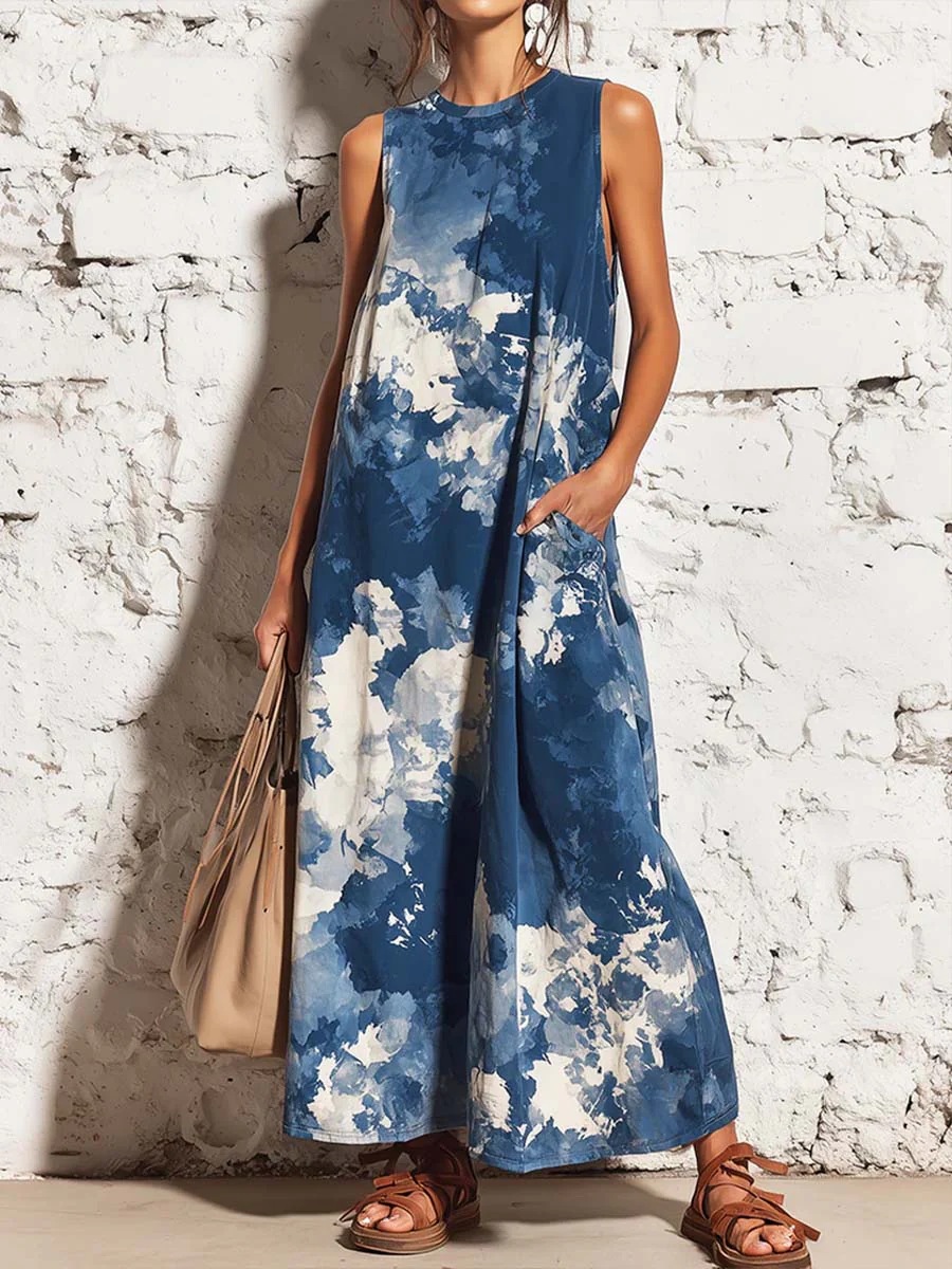 Women's Summer Round Neck Dress Solid Color Pocket Casual Straight Midi
