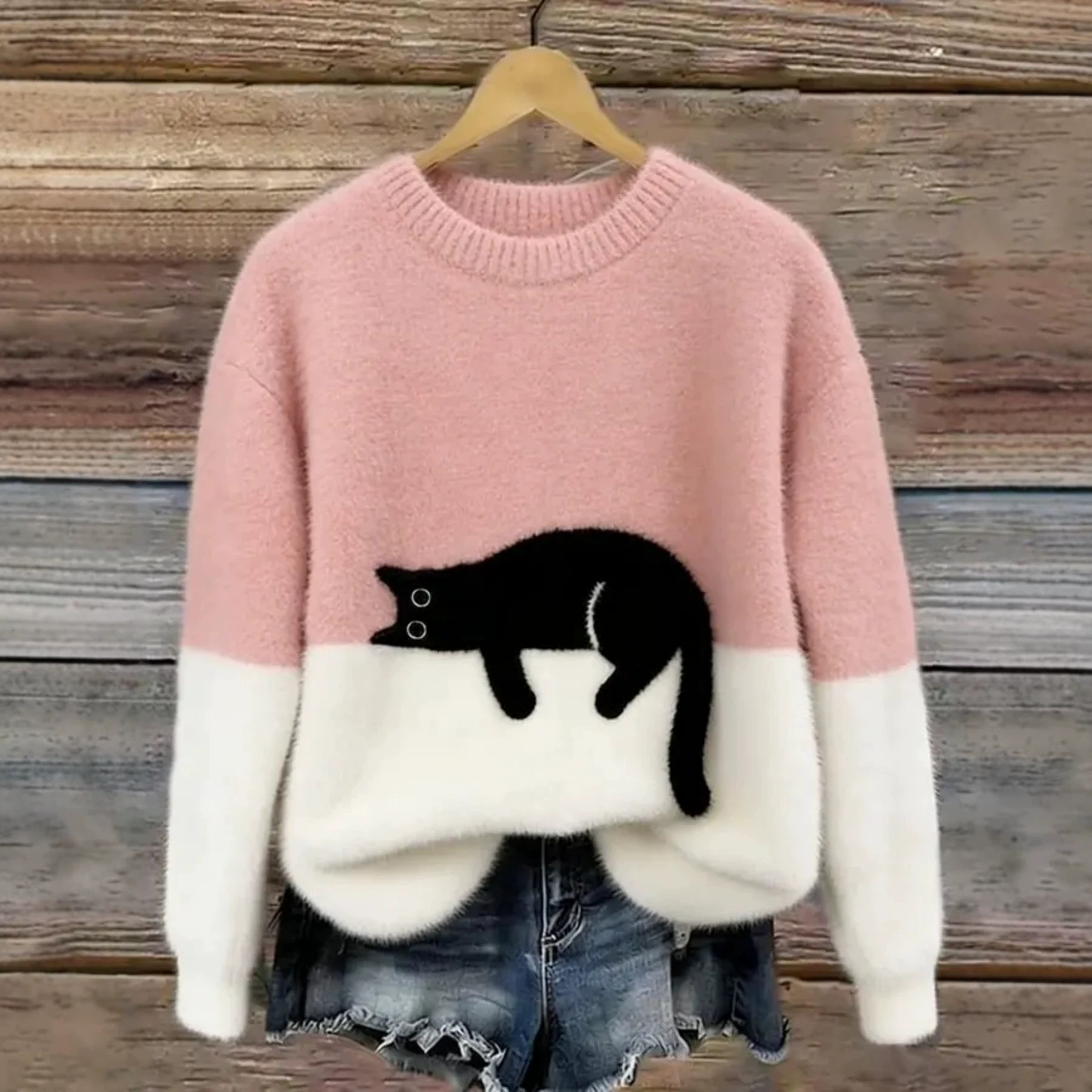 Sleeping Cat Print Crewneck Long Sleeve Pullover Sweatshirt