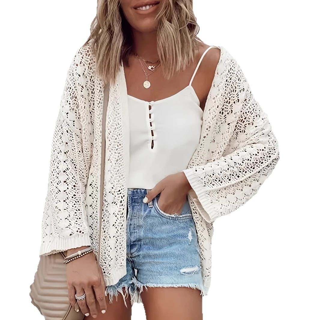 Women's Plus Size Open Front Hollow Knit Cardigan Solid Color Beach Cover-Up