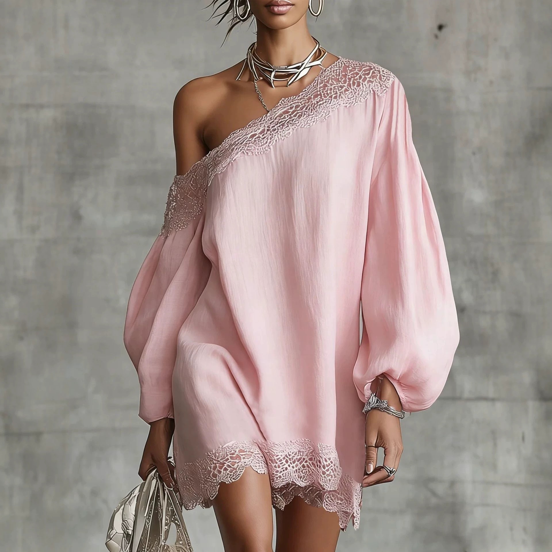 Women's Summer One-Shoulder Long-Sleeve Lace Trim Solid Casual Top