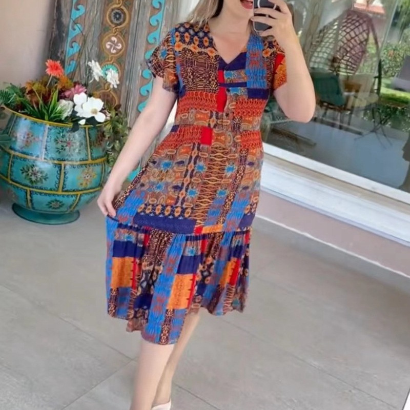 Women's Casual Printed V-Neck Short Sleeve Midi Dress