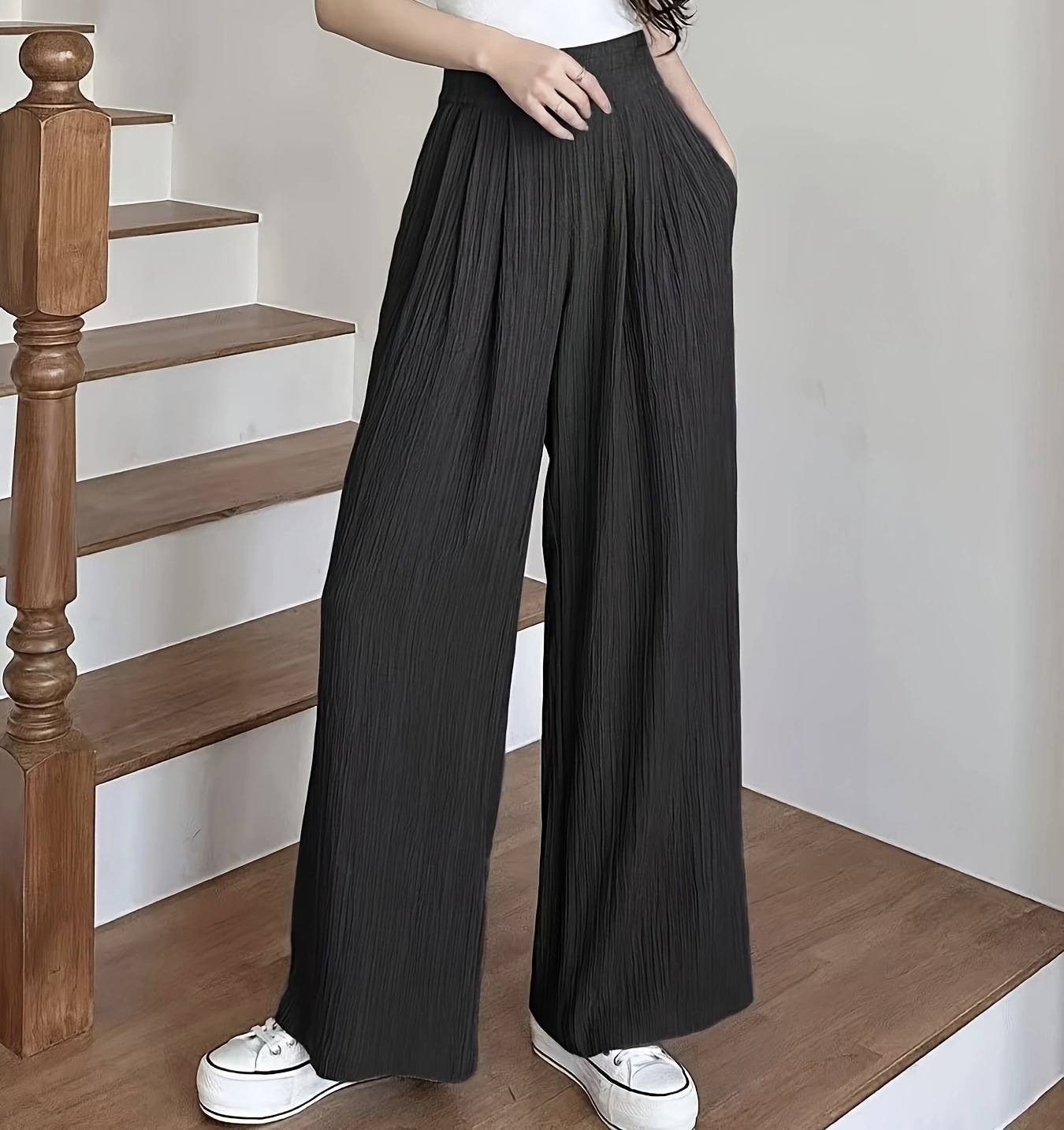 High-Waist Pleated Wide-Leg Ice Silk Pants
