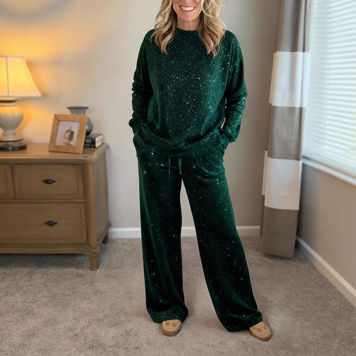Women's Long-Sleeve Crewneck Top and Drawstring Pants Set