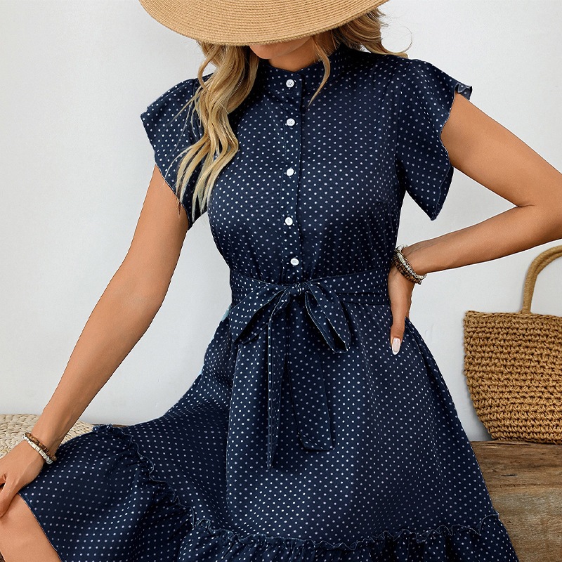 Polka Dot A-Line Dress with Ruffle Short Sleeves and Tie Belt