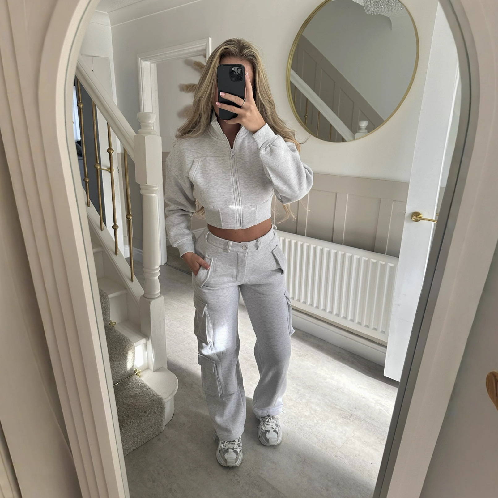 Women's Stand Collar Zip Cardigan & Multi-Pocket Pants Set