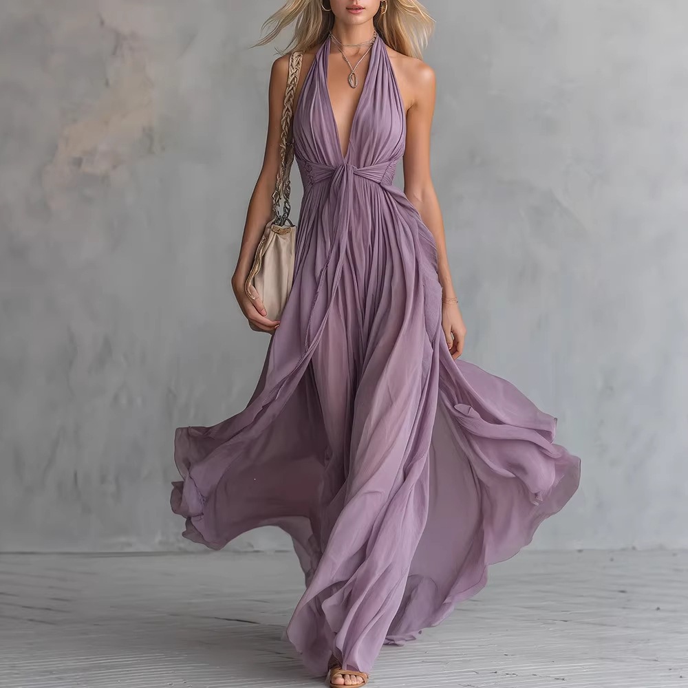 Women's Sexy Solid V-Neck Sleeveless High-Waist Midi Dress Vacation Style
