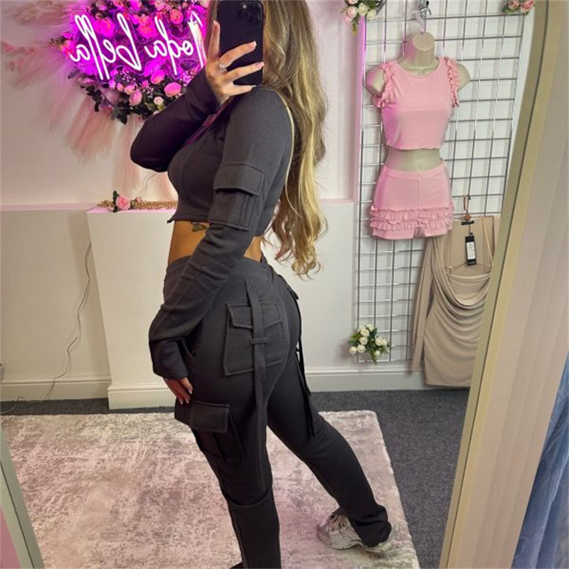 Women's Multi-Pocket Zip Hooded Casual Two-Piece Set