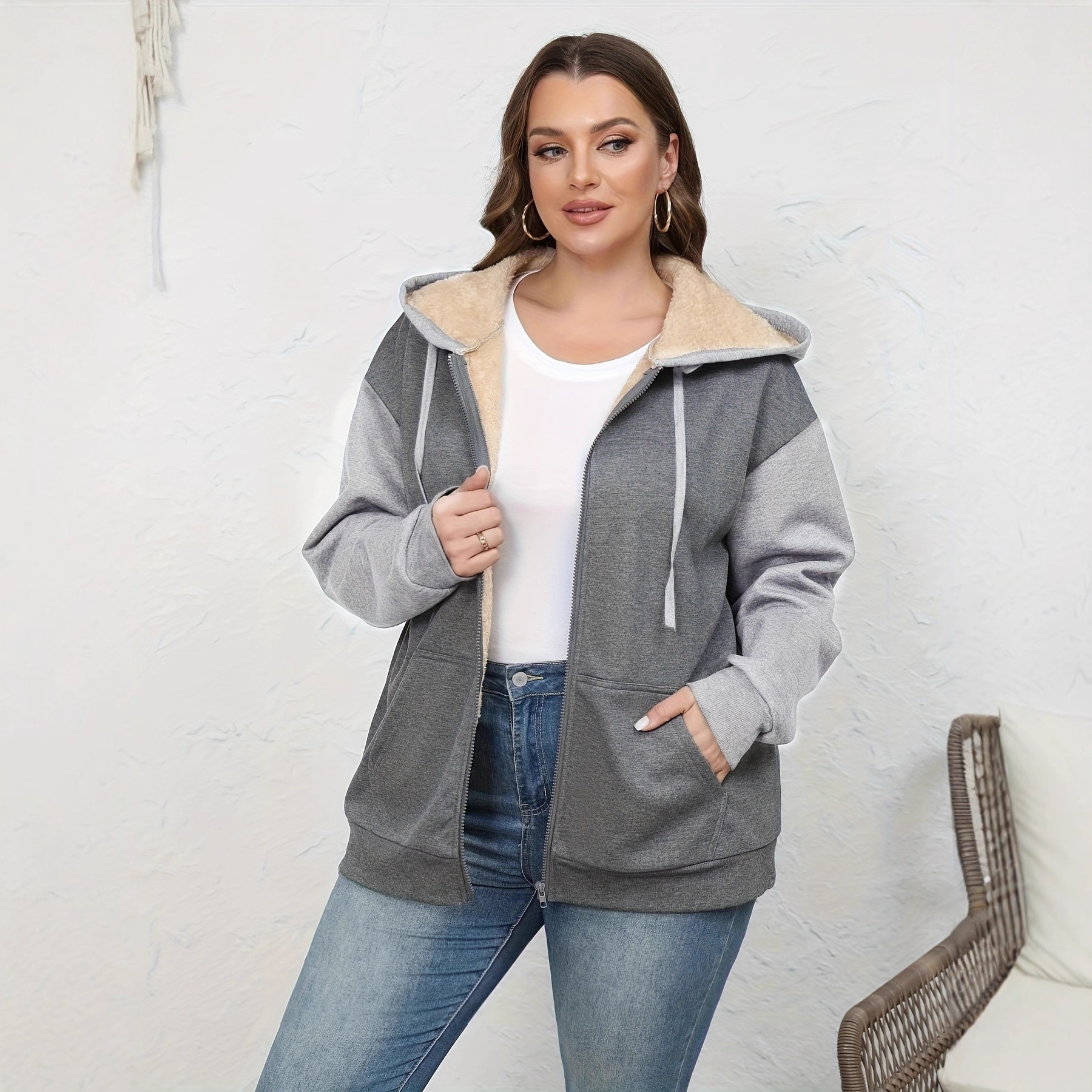 Women's Color-Block Fleece Hooded Zip-Up Sweatshirt Jacket
