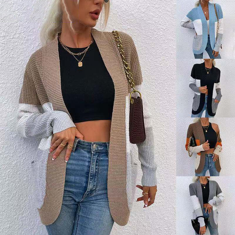Women's Color-Block Knit Cardigan with Curved Pockets