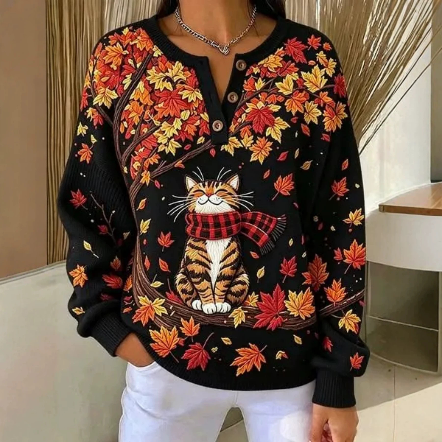 Women's Cute Cat & Maple Leaf Print Button Sweatshirt