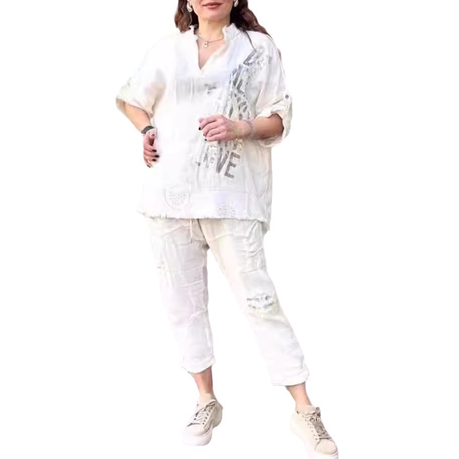 Letter Print Half-Sleeve Long Pants Loose Two-Piece Set