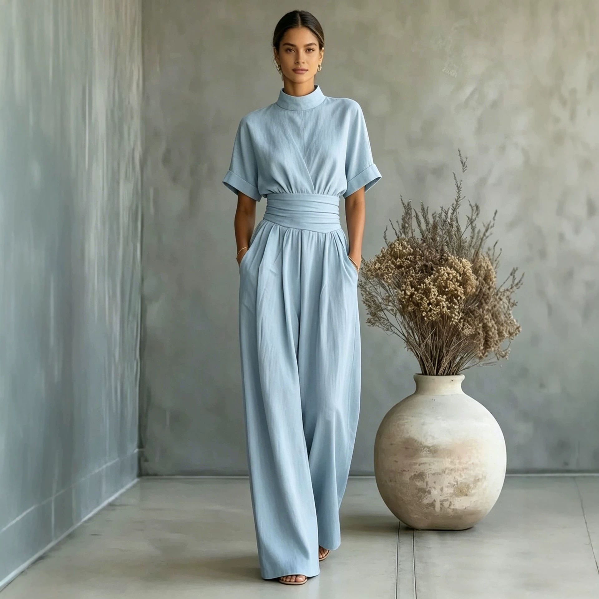 Women's Half-Turtleneck Short-Sleeve Wide-Leg Jumpsuit Solid Casual Loose Long Pants