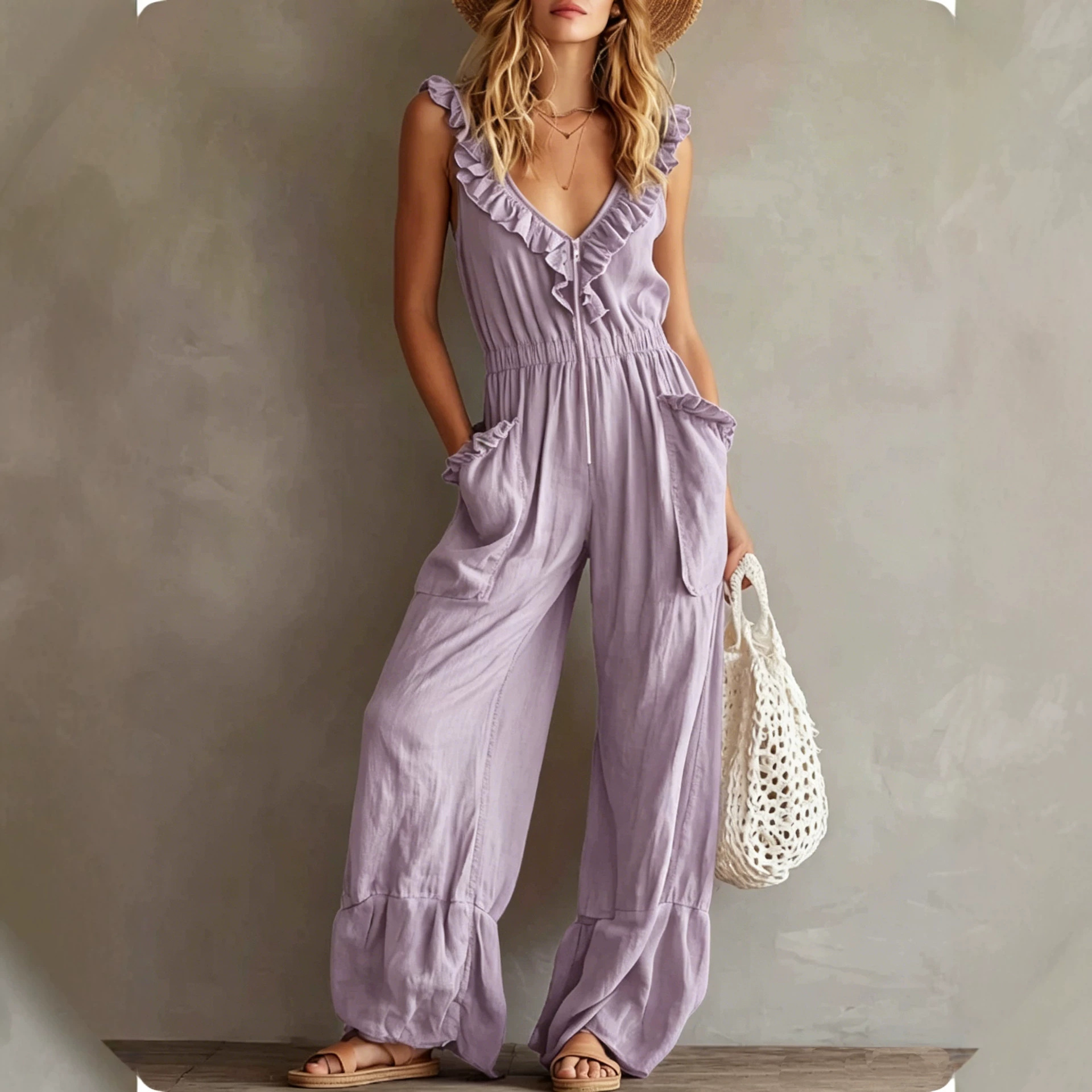 Sleeveless Ruffle Trim Wide-Leg Jumpsuit