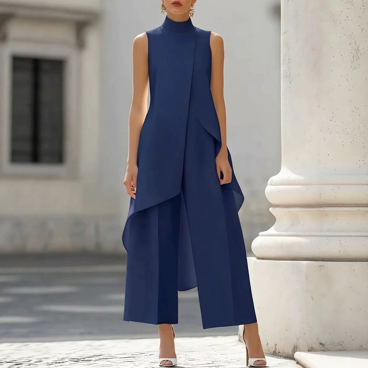 Women's High Neck Sleeveless Layered Wide Leg Jumpsuit Two-Piece Set