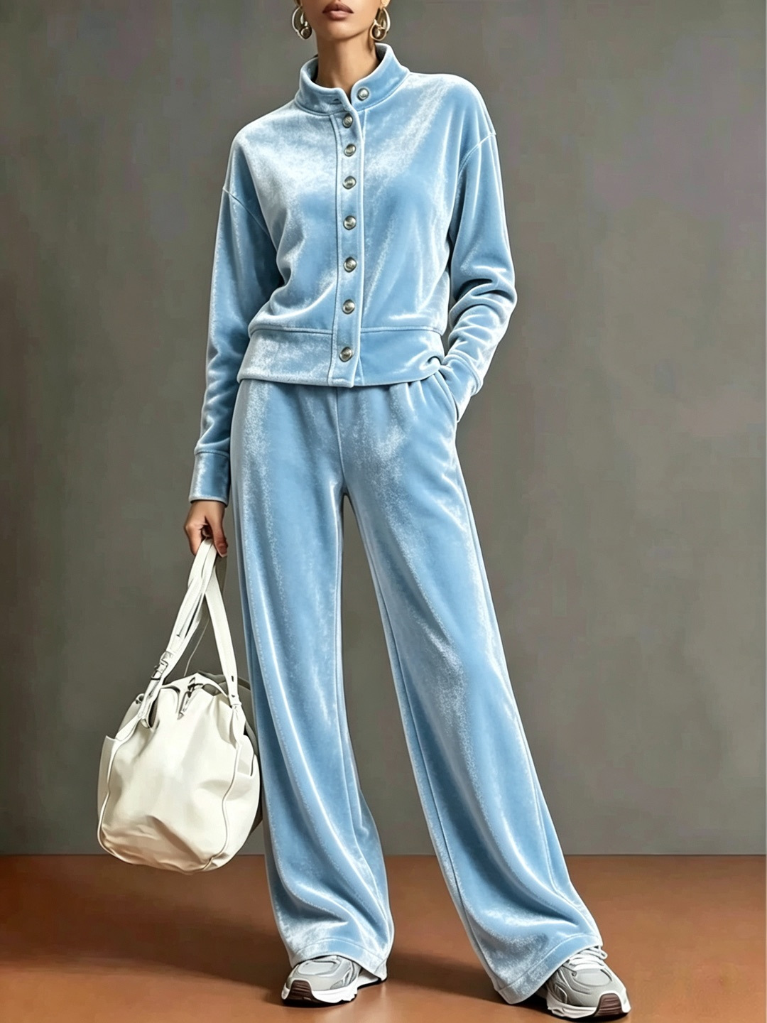 Women's Velvet Stand-Collar Cardigan Hoodie & Wide-Leg Pants Set